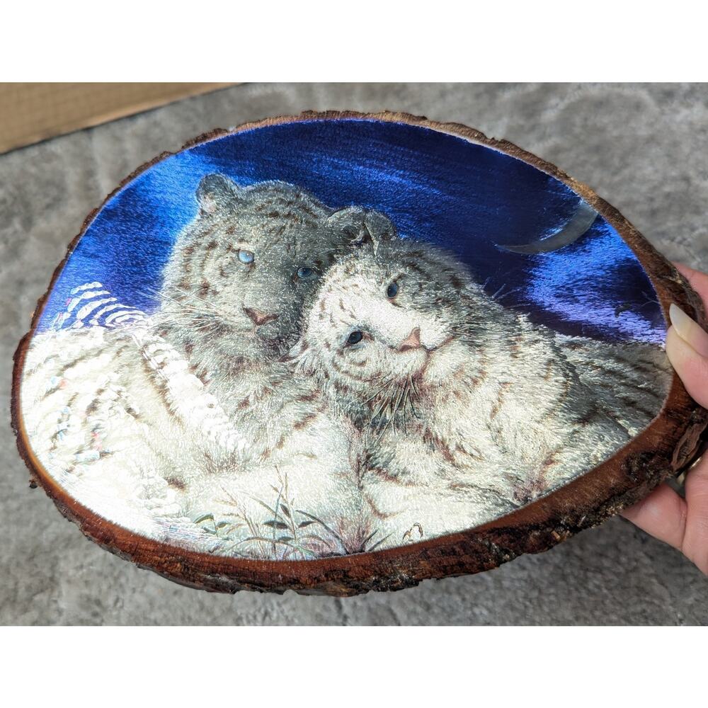 White Tigers Moon Wall Decor 8x5.5" Hanging Lovable Cats 70s Great Smoky Mtn Vtg